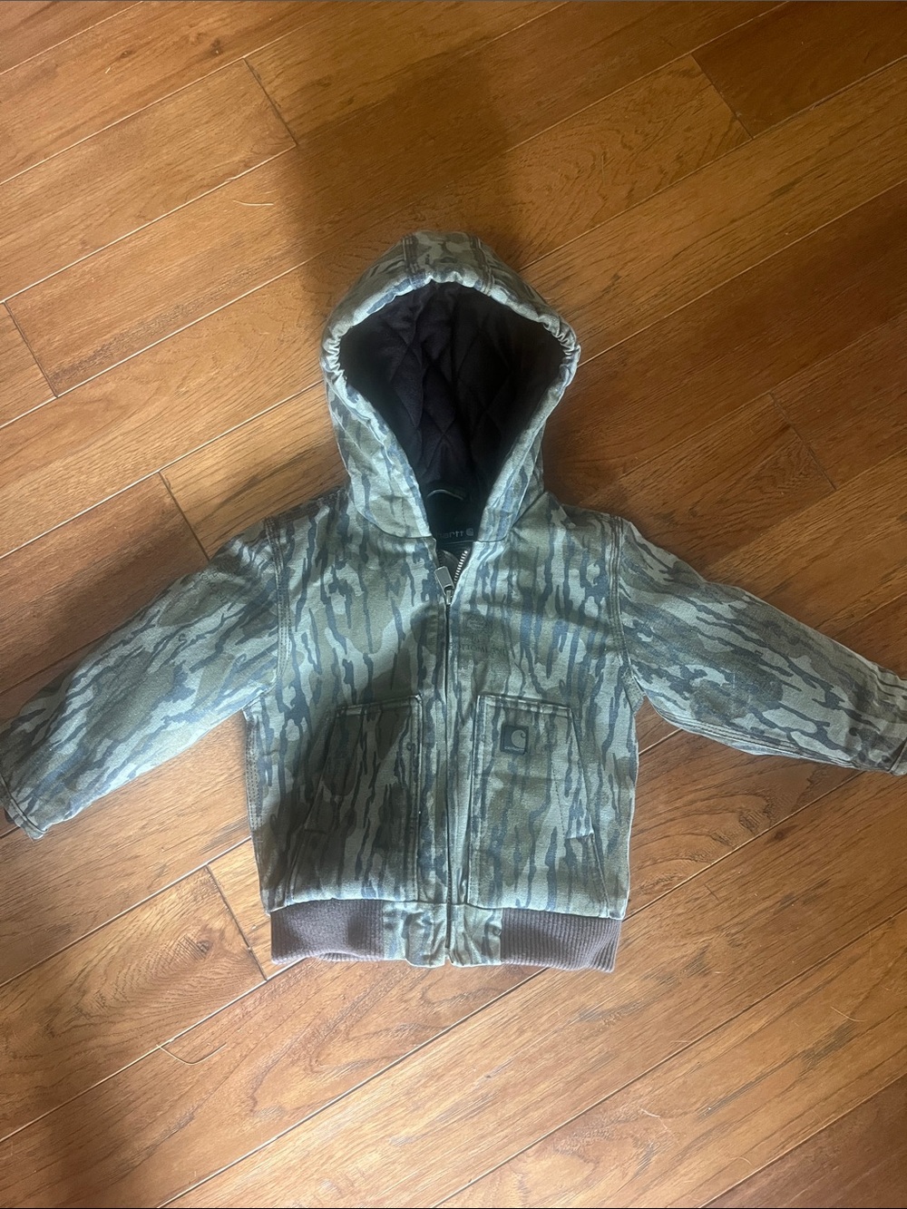 Children’s Carhartt Quilted Brown Hooded Jacket with Camo Trim